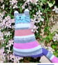 Tabby pink blue stuffed cat - Hand knitted soft toy 