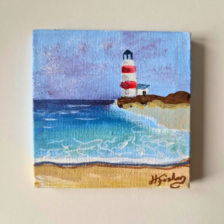 Handpainted Original Lighthouse Painting - Magnetic Canvas 4x4 inches Acrylic