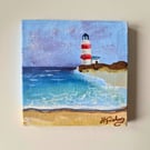 Handpainted Original Lighthouse Painting - Magnetic Canvas 4x4 inches Acrylic