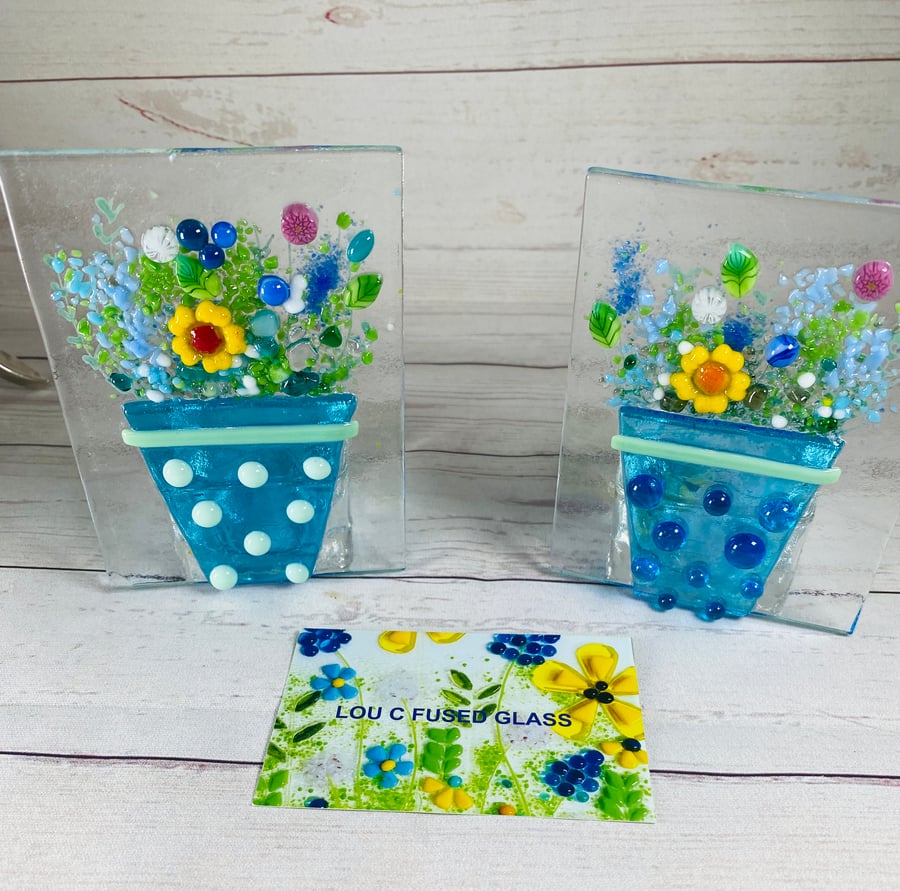 Pretty fused glass flower pots with glass candle holder 