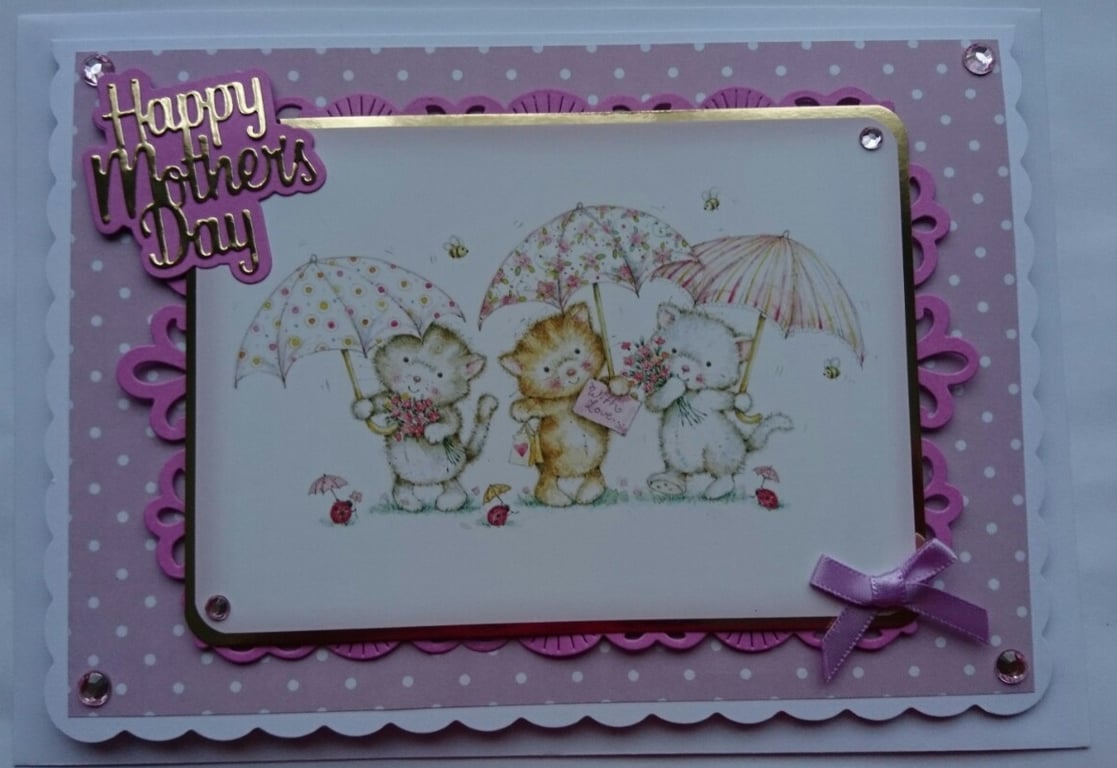 Happy Mother's Day Card Cute Cats Kittens with Umbrellas 3D Luxury Handmade Card
