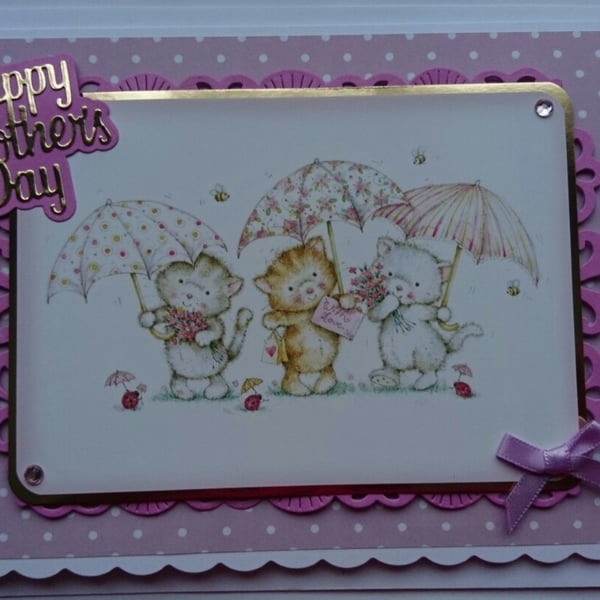 Happy Mother's Day Card Cute Cats Kittens with Umbrellas 3D Luxury Handmade Card