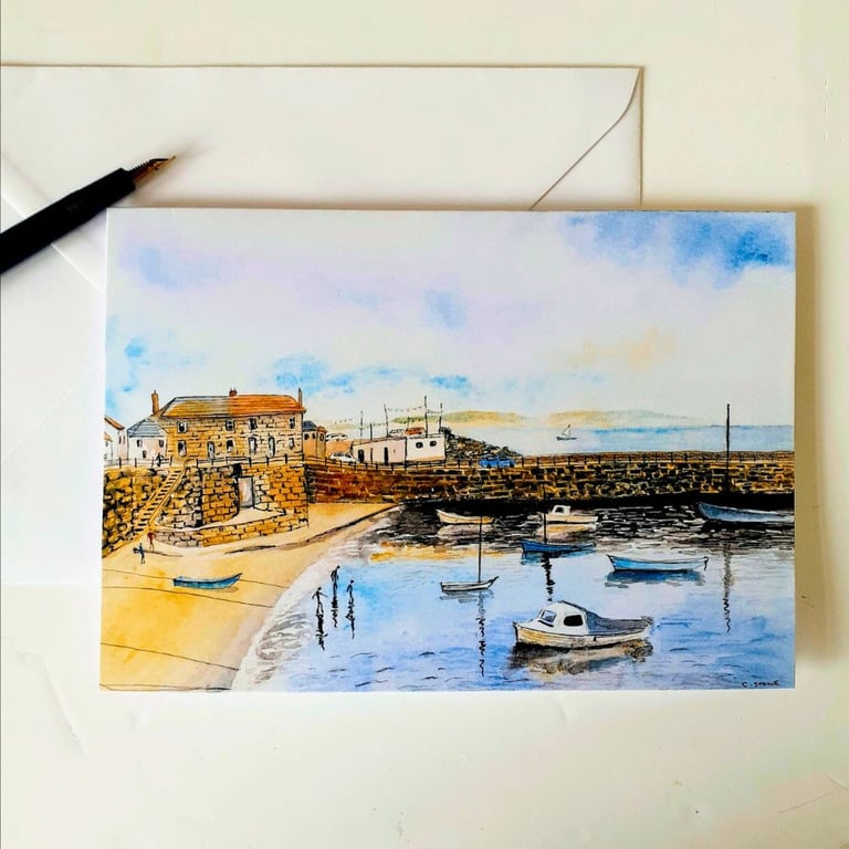 Blank greetings card A5 Mousehole Harbour Cornwall from original watercolour