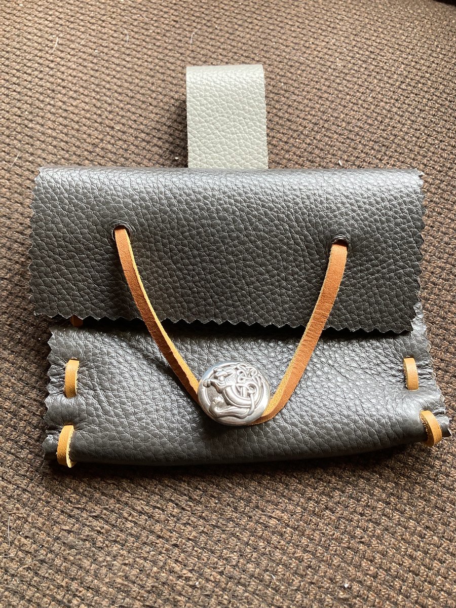 Small Pouch - Dark Charcoal Gray Leather Medieval Style - Dragon - FREE SHIP