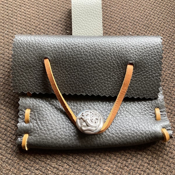 Small Pouch - Dark Charcoal Gray Leather Medieval Style - Dragon - FREE SHIP