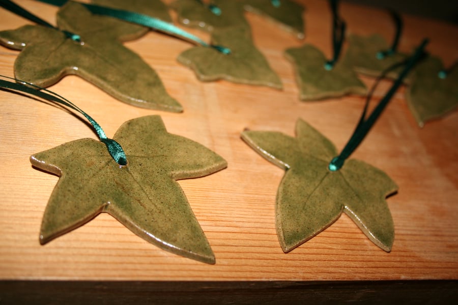 Handmade green ivy stoneware ceramic decoration