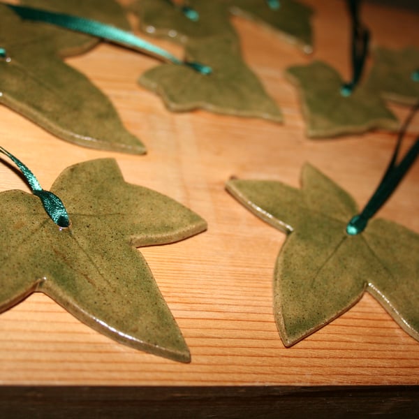 Handmade green ivy stoneware ceramic decoration
