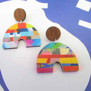 Colourful Arch Drop Earrings - striped wooden earrings - mismatched earrings