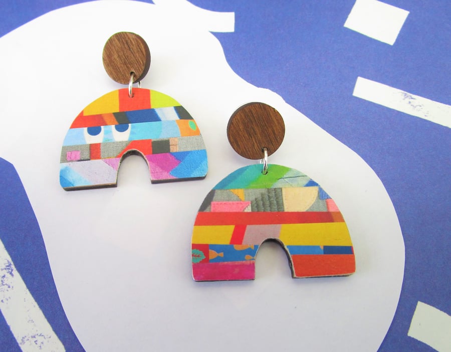 Colourful Arch Drop Earrings - striped wooden earrings - mismatched earrings