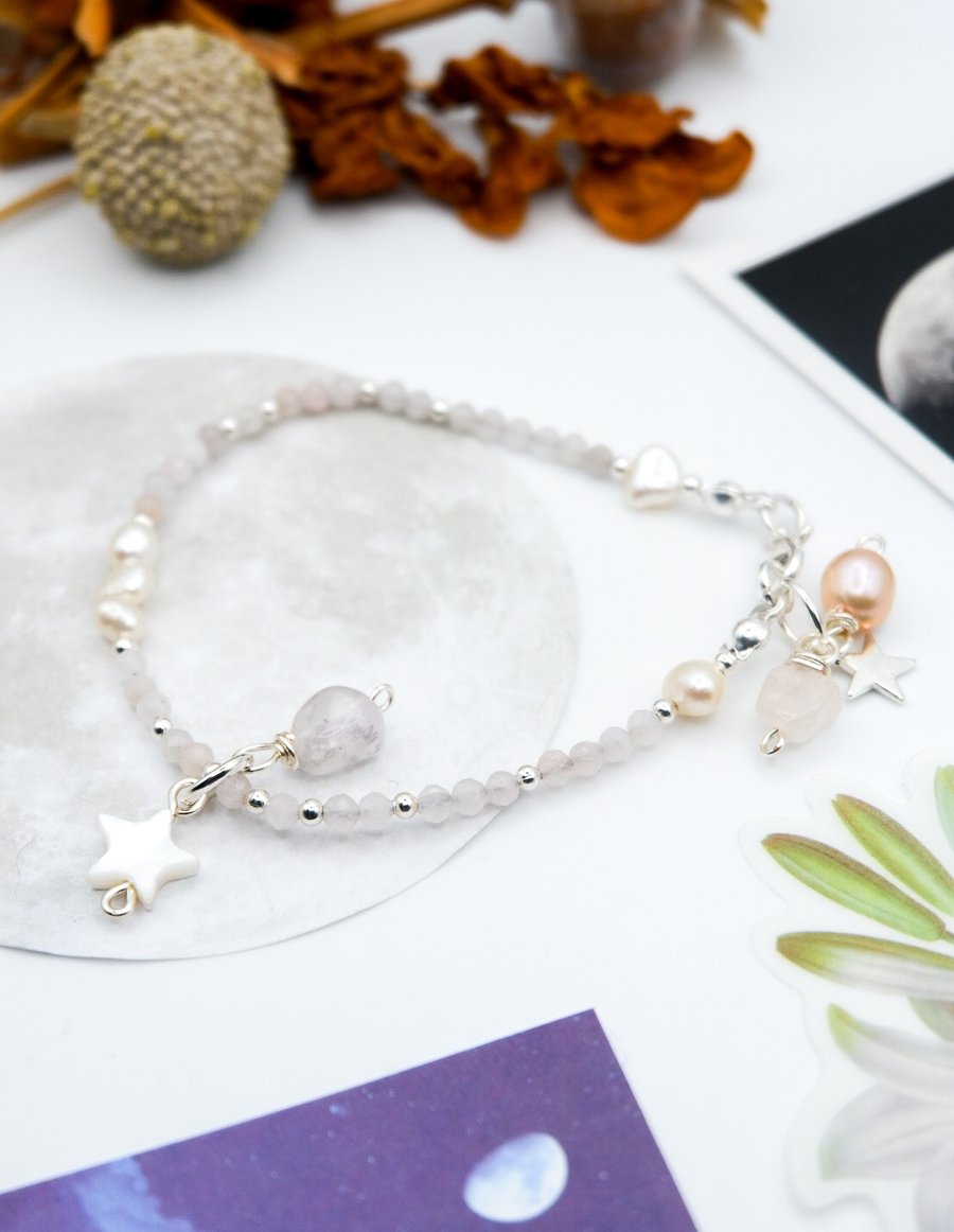 Pearl Bracelet - Pastel Pink Rose Quartz Gemstone Sterling Silver Celestial Gift