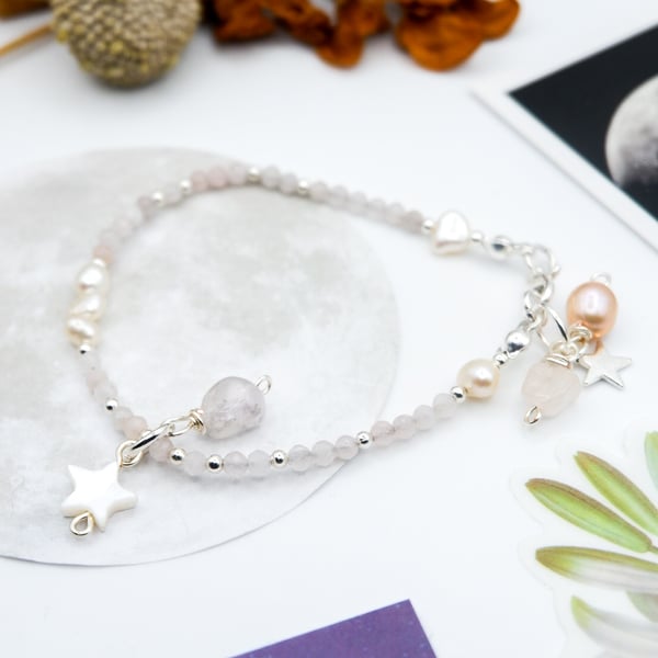 Pearl Bracelet - Pastel Pink Rose Quartz Gemstone Sterling Silver Celestial Gift