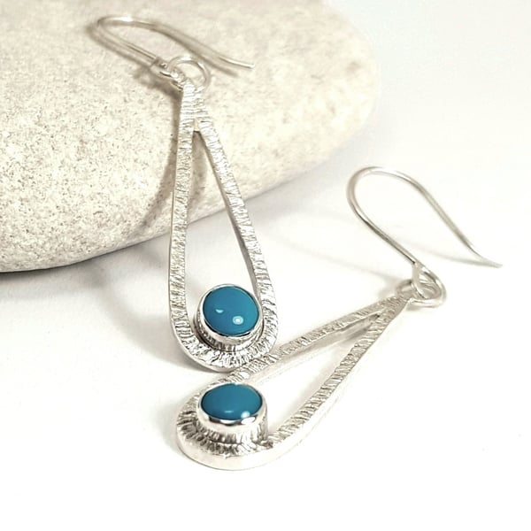 Sterling Silver Turquoise Earrings, Silver Dangle Earrings, Teardrop Design