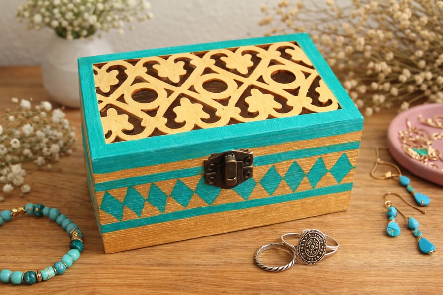 Hand-Painted Decorative Wooden Trinket Box with Lid