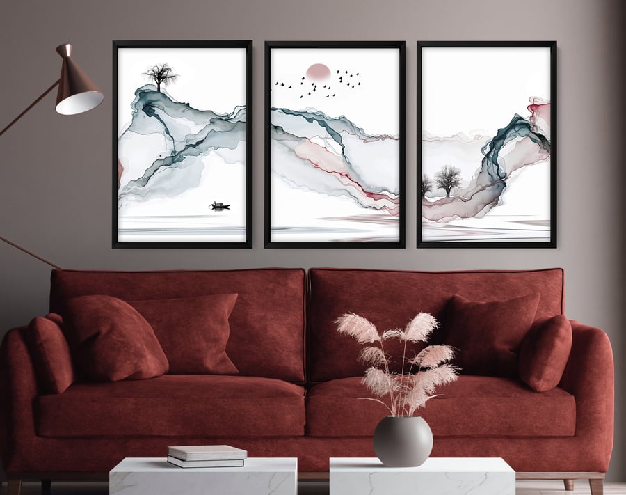 Calming Watercolor Painting Print , Set of 3 Minimalist Wall Prints , Zen Wall 