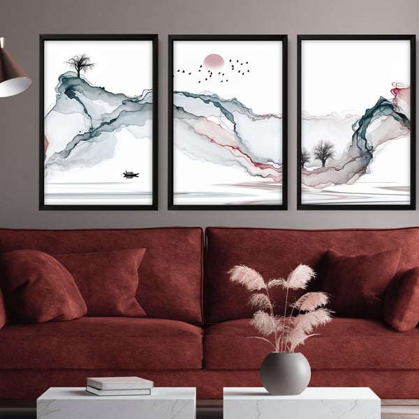 Calming Watercolor Painting Print , Set of 3 Minimalist Wall Prints , Zen Wall 