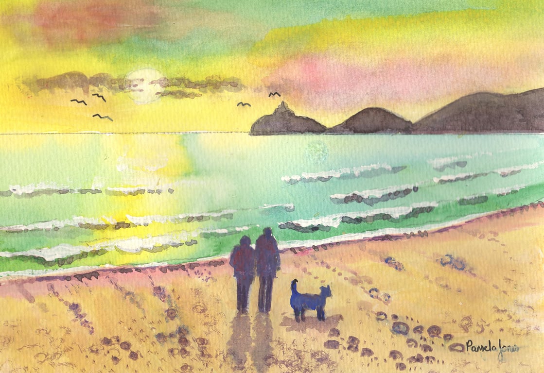 Couple Walking The Dog, Mumbles, - Watercolour Print in 14 x 11'' Mount