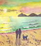Couple Walking The Dog, Mumbles, - Watercolour Print in 14 x 11'' Mount - Image 1