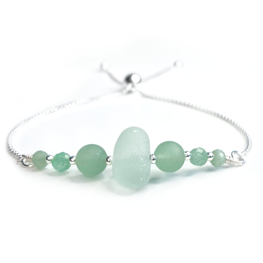 Green Sea Glass Bracelet Sterling Silver Slider Bracelet with Aventurine Crystal