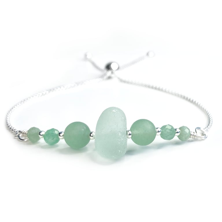 Green Sea Glass Bracelet Sterling Silver Slider Bracelet with Aventurine Crystal
