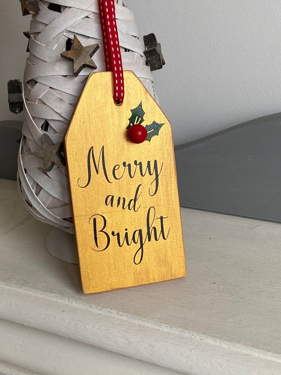 Merry & Bright Gold Christmas Handmade Wooden Decoration 