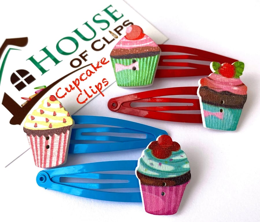 Cupcake Wooden Button Clips - Wooden Hair Clips - Birthday Hair Clips - Cake Hai
