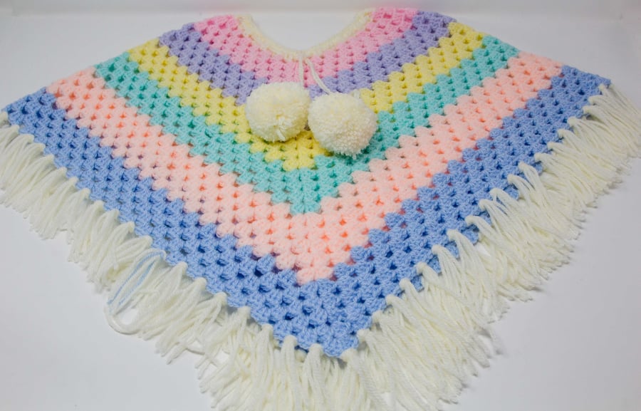 Hand Crocheted Pastel Stripe Poncho  3 - 5 years