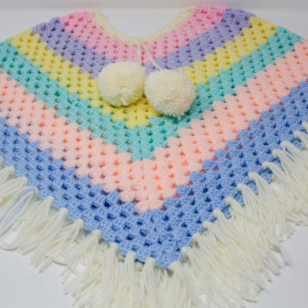 Hand Crocheted Pastel Stripe Poncho  3 - 5 years