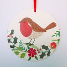 Scandi Christmas robin wood decoupage hanging decoration