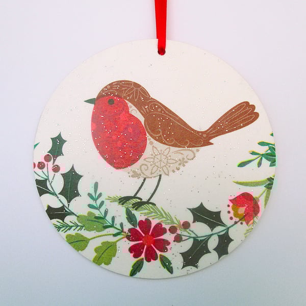 Scandi Christmas robin wood decoupage hanging decoration