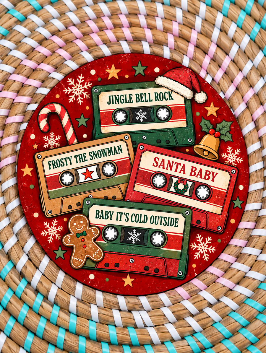 Retro Christmas Mixtape Coaster – Festive Wooden Drinks Coaster – Nostalgic