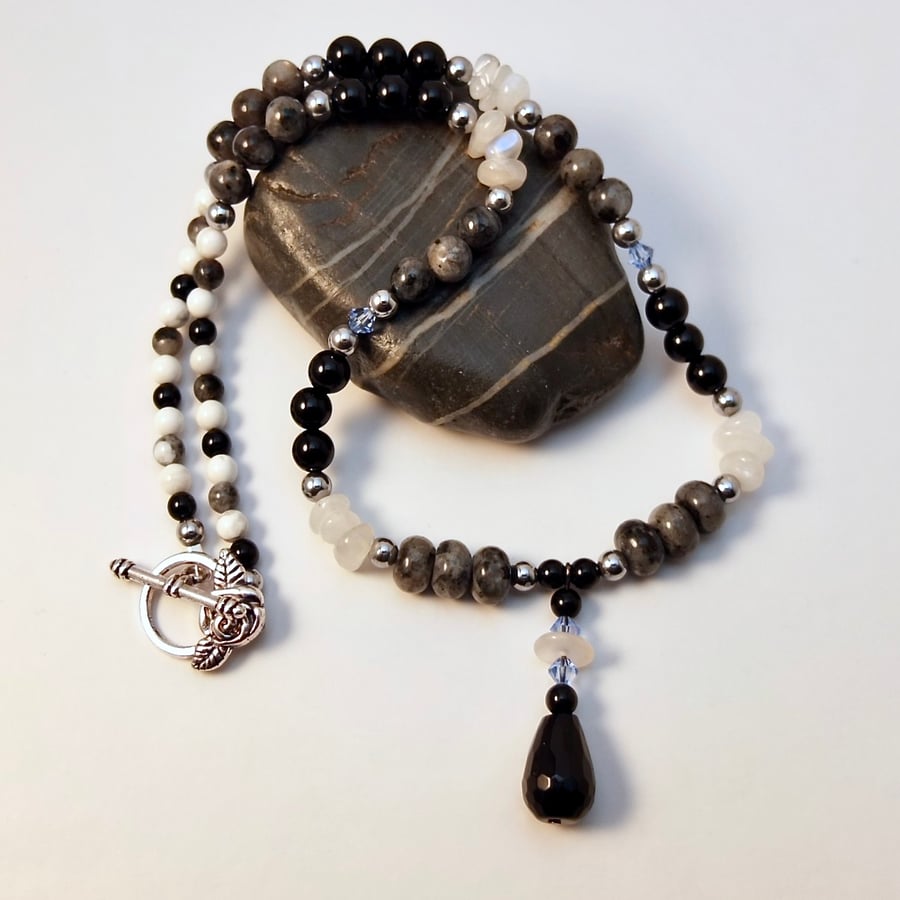 Moonstone, Onyx & Larvikite Necklace With Swarovski Crystals - Handmade In Devon