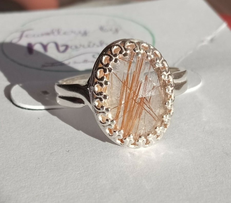 Copper Rutilated Quartz and Sterling Silver Adjustable Ring in Gift Box Size M-R