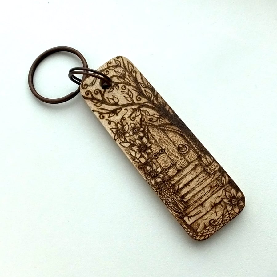 Arched Fairy Door Personalised Pyrography Wooden Keyring