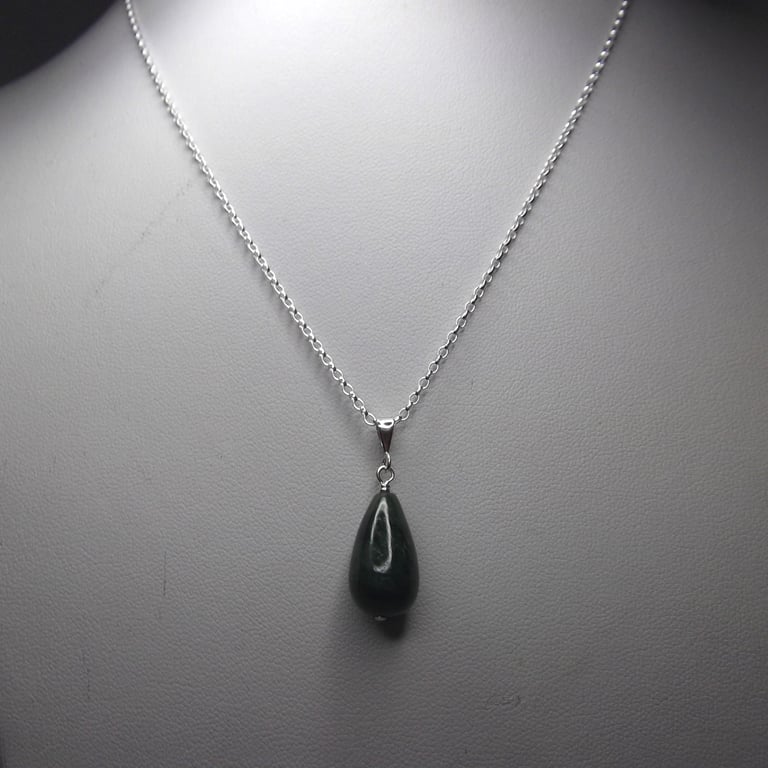 Green Jade gemstone drop pendant necklace with recycled silver chain