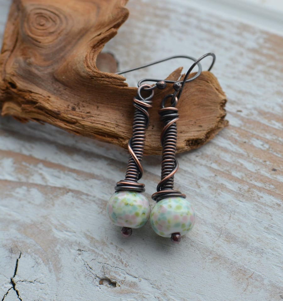 Handmade Copper Coil Earrings with Lampwork Glass Beads