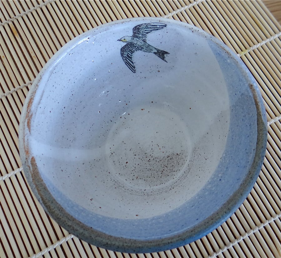 Ceramic bowl with flying gull image - handmade pottery