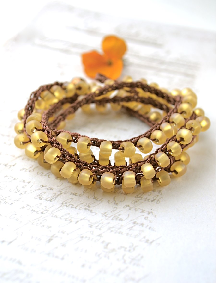Crochet bracelet, beaded wrap bracelet, seed bead bracelet, yellow bracelet