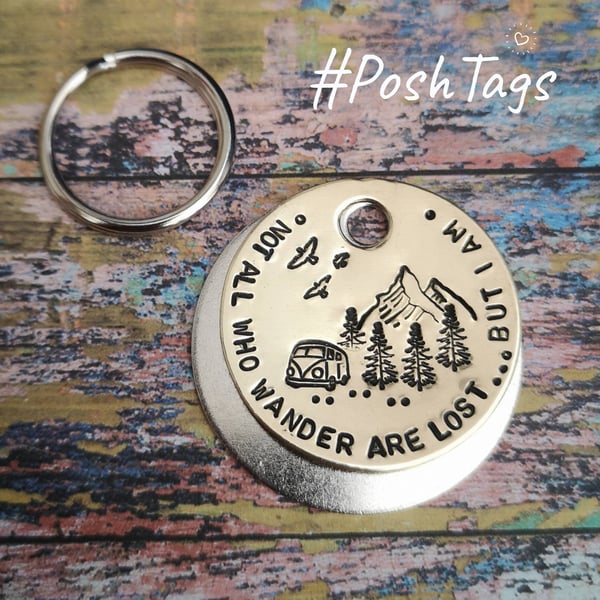 Not all who wander are lost - camper van mountains trees - cat dog pet tag ID Po