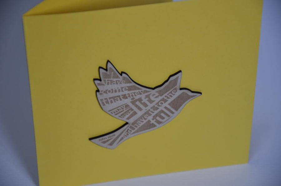 'Laser Tweet' card (yellow, with etched wooden bird)