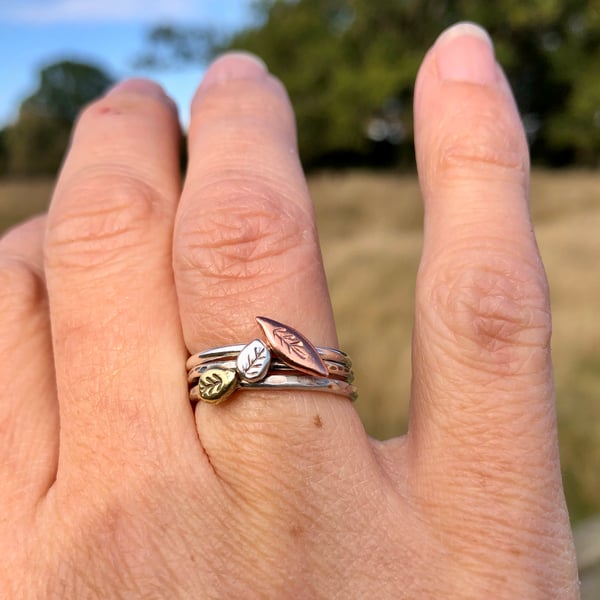 Sterling Silver Stacking Ring Set with Autumn Leaves - Leaf Ring