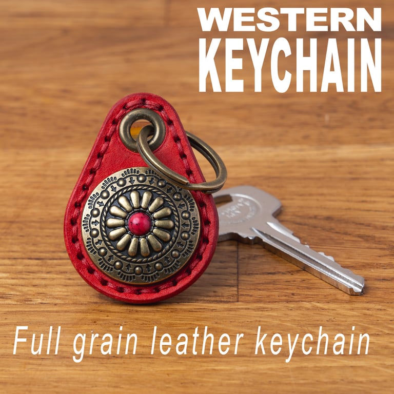 Personalized handmade leather keychain with decorative concho, leather key fob f