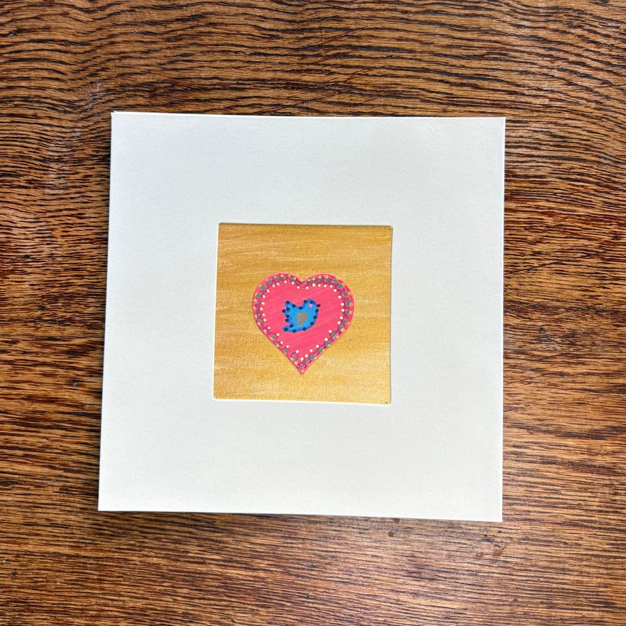Hand painted collage card - ‘Small Heart and Bird No.5’