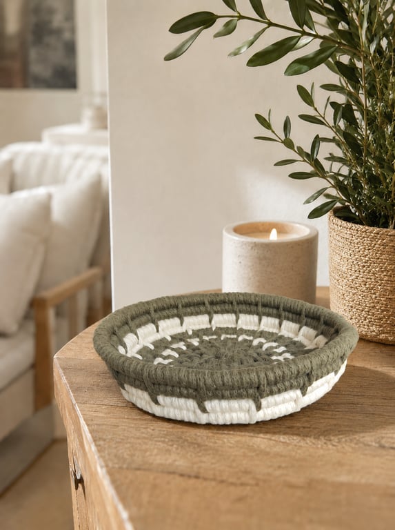 Olive Green Trinket Bowl Cotton Macrame Coiled Basket 15.5cm