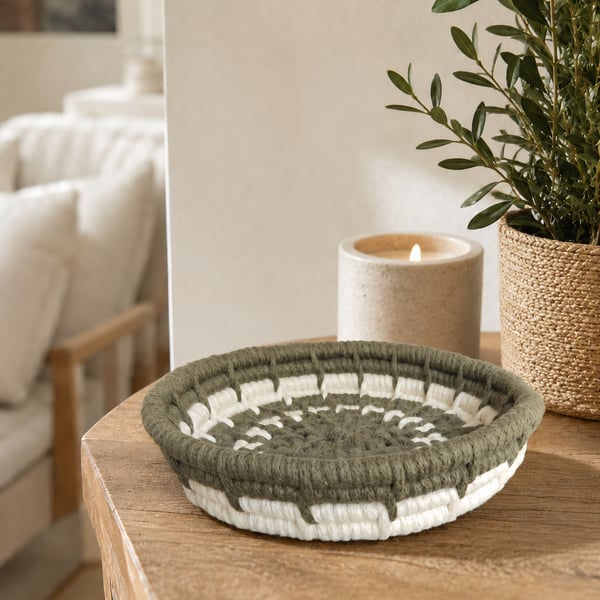 Olive Green Trinket Bowl Cotton Macrame Coiled Basket 15.5cm