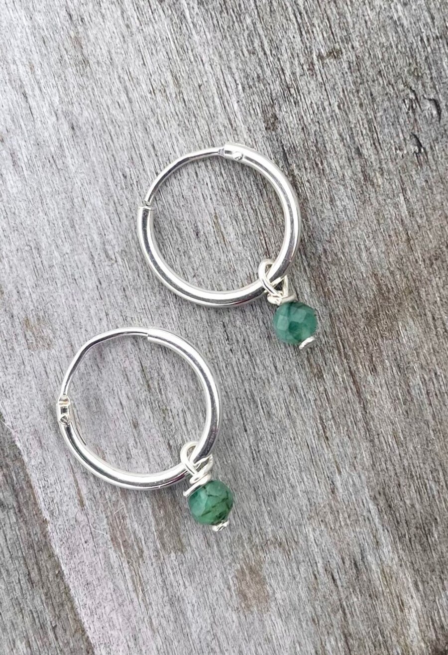 12mm Sterling Silver Hoop  Earrings with Faceted Enerald  Gemstones