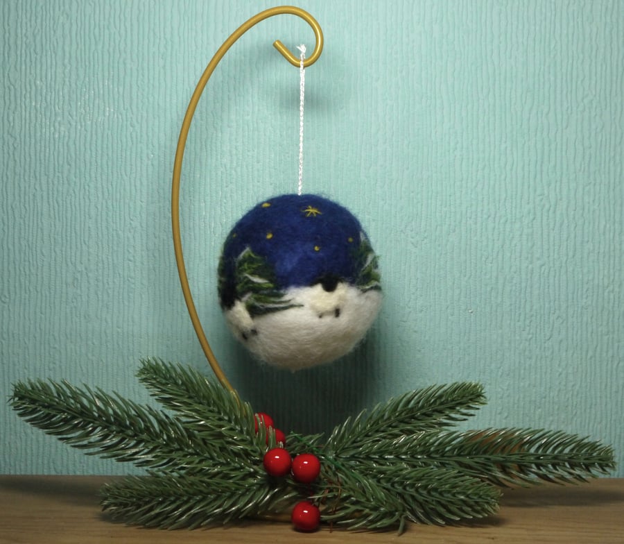 Needle felted Winter Sheep Scene ornament with gold stand