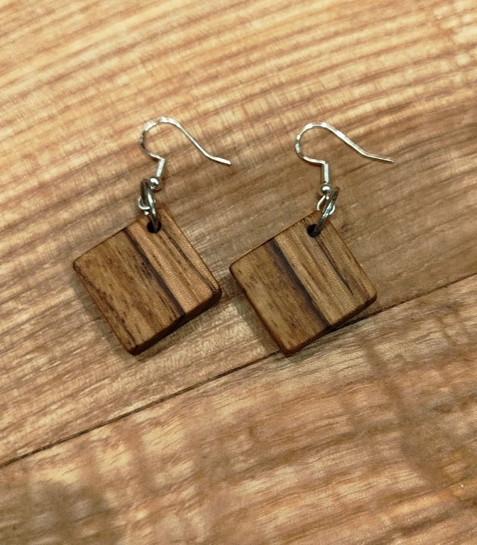 Handmade Wooden Earrings - Geometric Squares in Zebrano (Zebrawood)