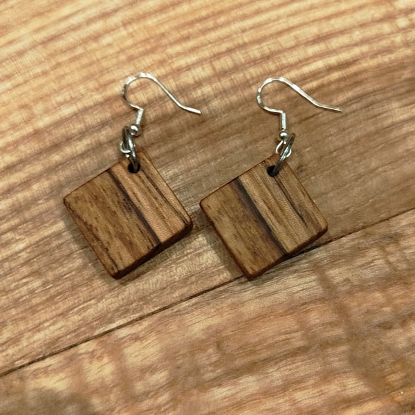 Handmade Wooden Earrings - Geometric Squares in Zebrano (Zebrawood)