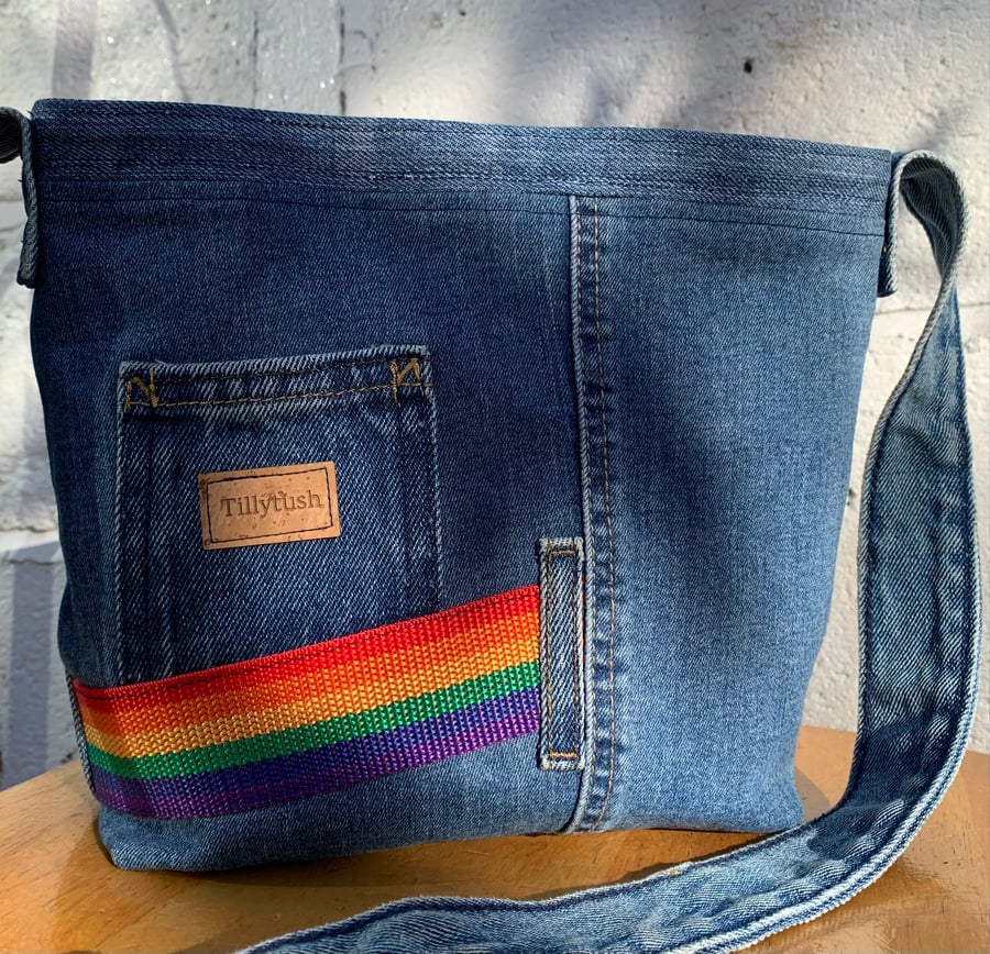 Small recycled jeans crossbody bag with rainbow detail