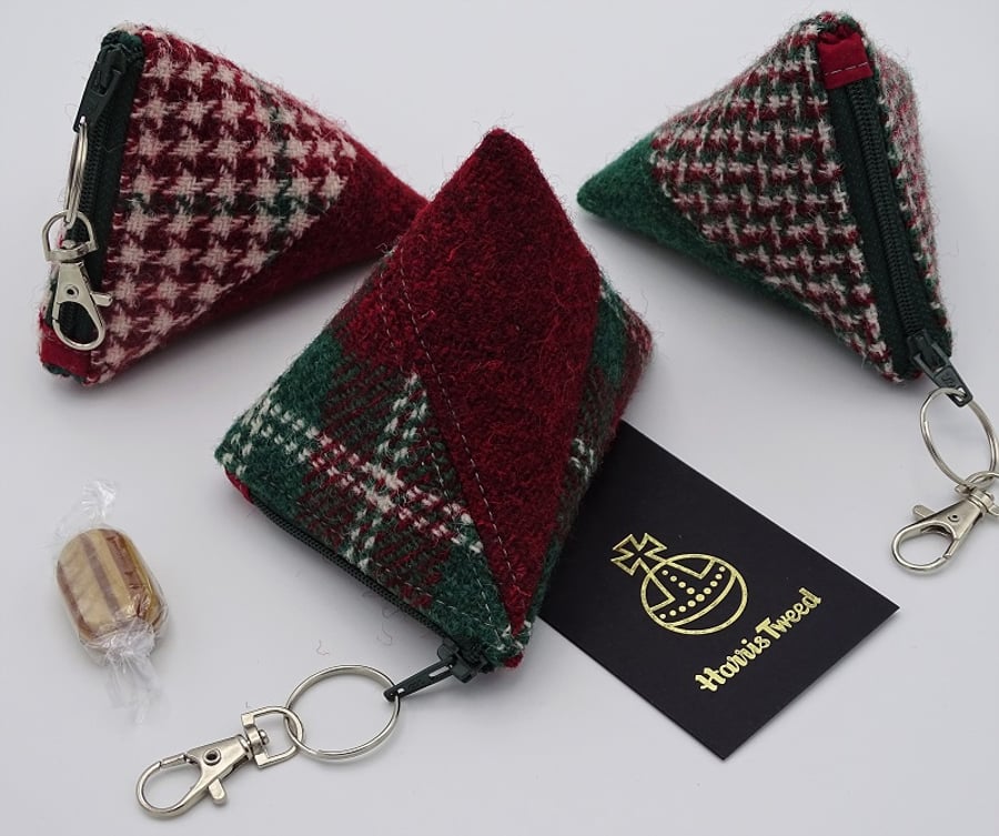 set of 3 festive Harris Tweed humbug pouches